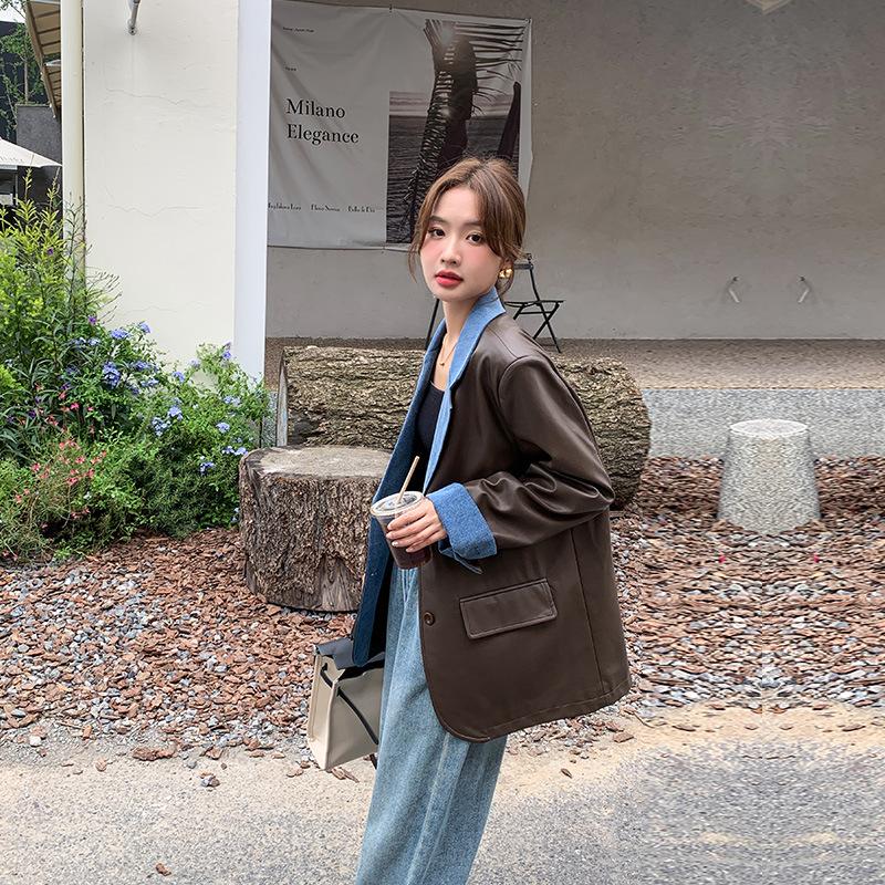 Женский пиджак Женский дизайн Нишевый Осенний Новый Джинсовый и кожаный стиль Маленький костюм