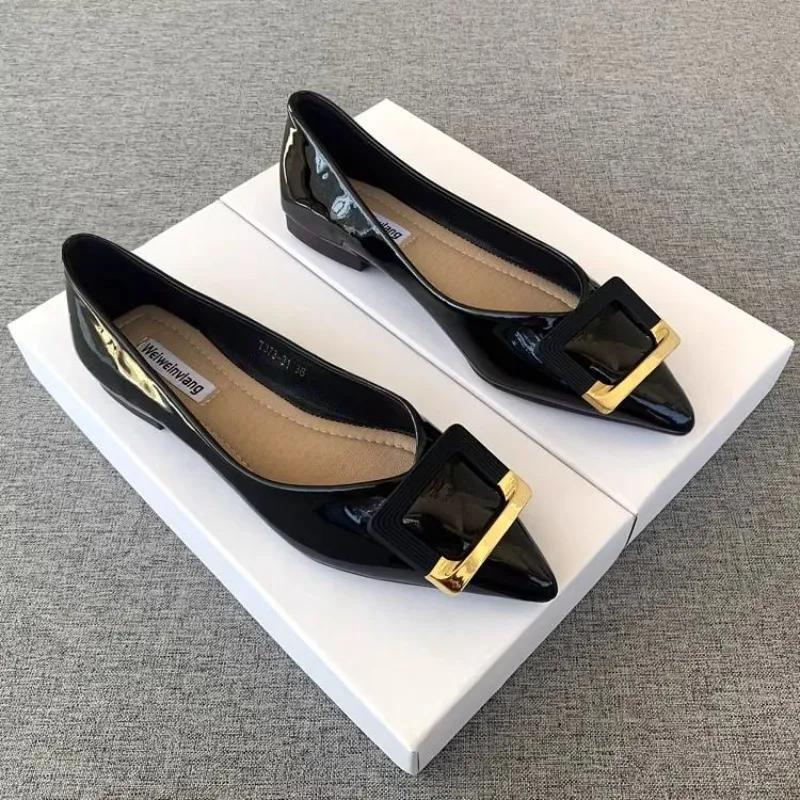 Черные туфли с острым носком на плоской подошве из лакированной кожи Joker, удобные туфли Lok Fu на мягкой подошве, женские туфли больших размеров