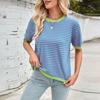 Женская мода весна-лето повседневный полосатый подходящие цвета круглый вырез трикотажный короткий рукав джемпер топ