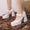 Women's Shoes Square Toe Retro Thick Heel Ultra High Heel Button Strap Women's Single Shoes Waterproof Platform Thick Sole
