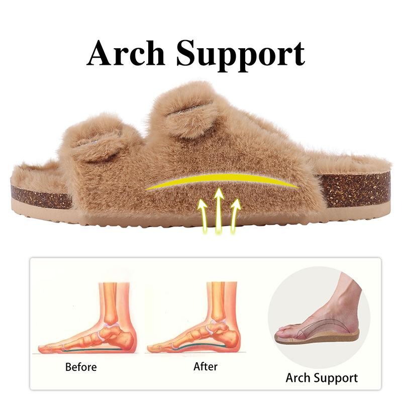 Fashion Smile Fashion Slippers For Women New Cork Insole Comfort Slides Outdoor Fluffy Sandals With Adjustable Metal Buckle Arch Support