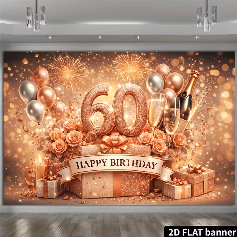 2D Rose Gold 60th Birthday Backdrop Shiny Glitter Number 60 Photography Banner