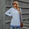 Women Tops Round Neck Long Sleeve Striped Print Tee Shirt Side Split Design Mid-length Pullover Tops Loose Fit Elastic T-shirt