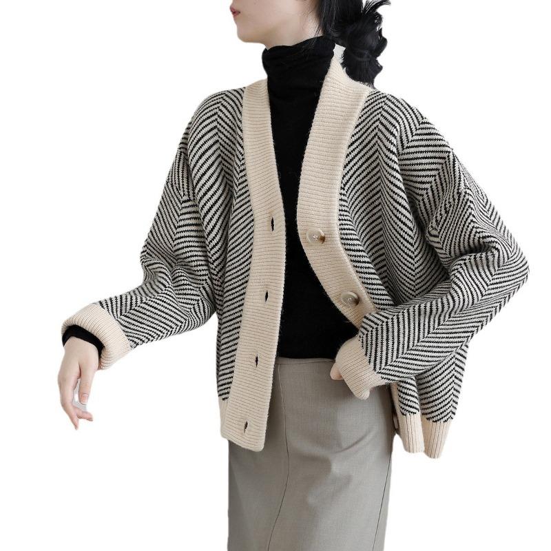 Retro Autumn and Winter Knitted Plus Size Cardigan Women Striped Lazy Wind V-neck Loose Jacket Thickened Sweater