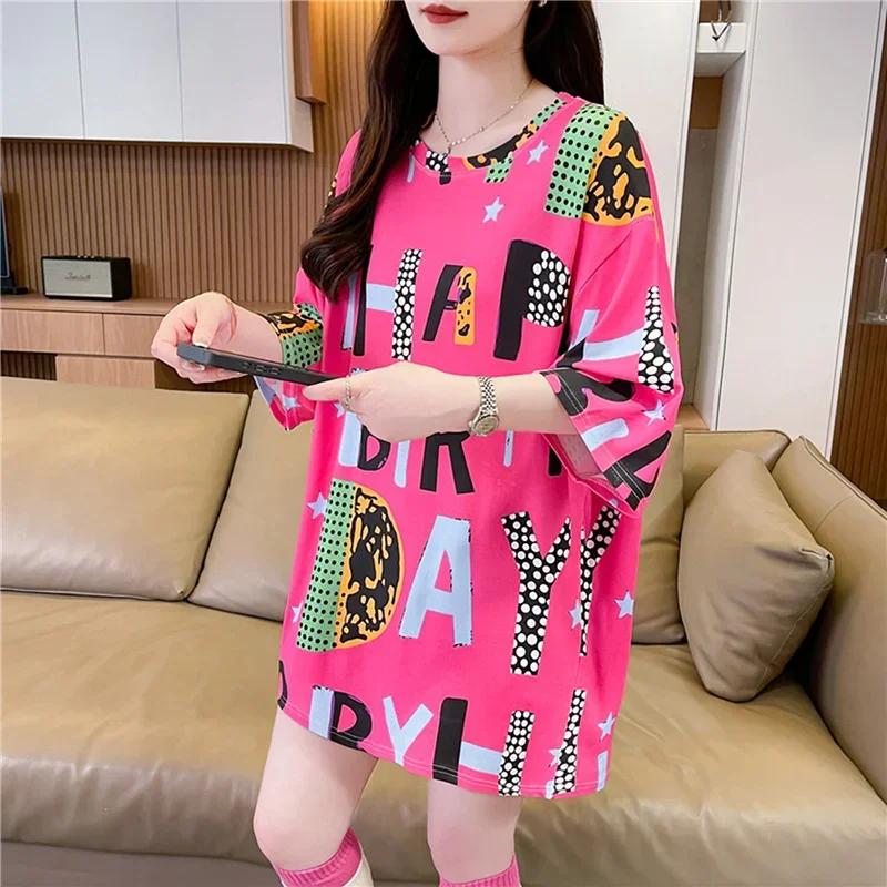 Летняя винтажная футболка с принтом Мода Женская Оверсайз Графические Длинные Футболки Y2k Топы Харадзюку хип-хоп Уличная одежда молодежная