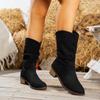 Fashion Women Pleated Boots Faux Suede Flock Knee High Boots Women Winter Slip On Square Heel Knight Booties Outdoor Fashion Shoes Women