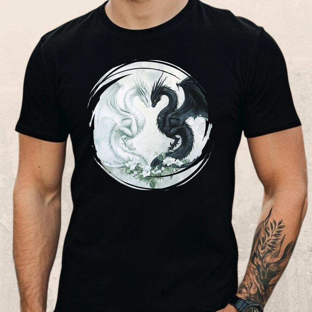 T-Shirt Herren Weißer und schwarzer Drache Motiv Baumwolle Größe S bis 5XL
