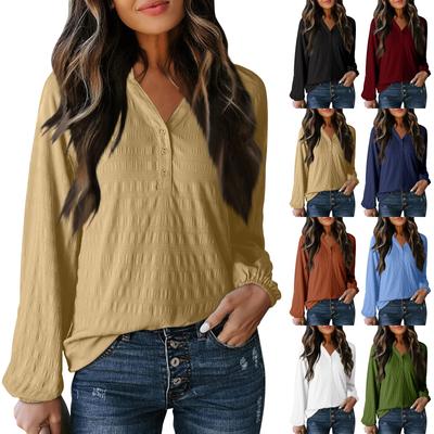 Женская модная повседневная рубашка с текстурированным V-образным вырезом на пуговицах