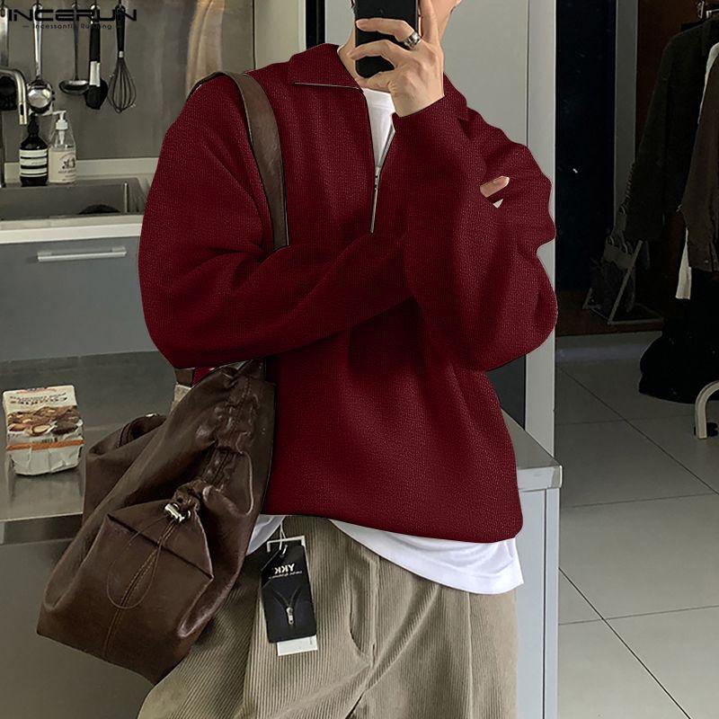 INCERUN Весенние мужские пуловеры с высоким воротником, длинным рукавом, на молнии, текстурной рельефной вязки