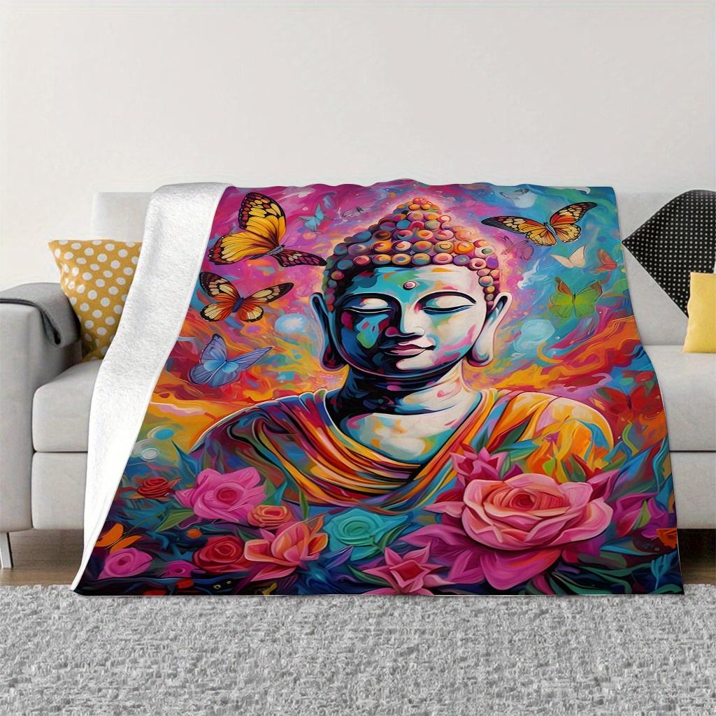 Butterfly and Buddha statue patterns Flannel printed blanket suitable for all seasons suitable for living office sofa and travel