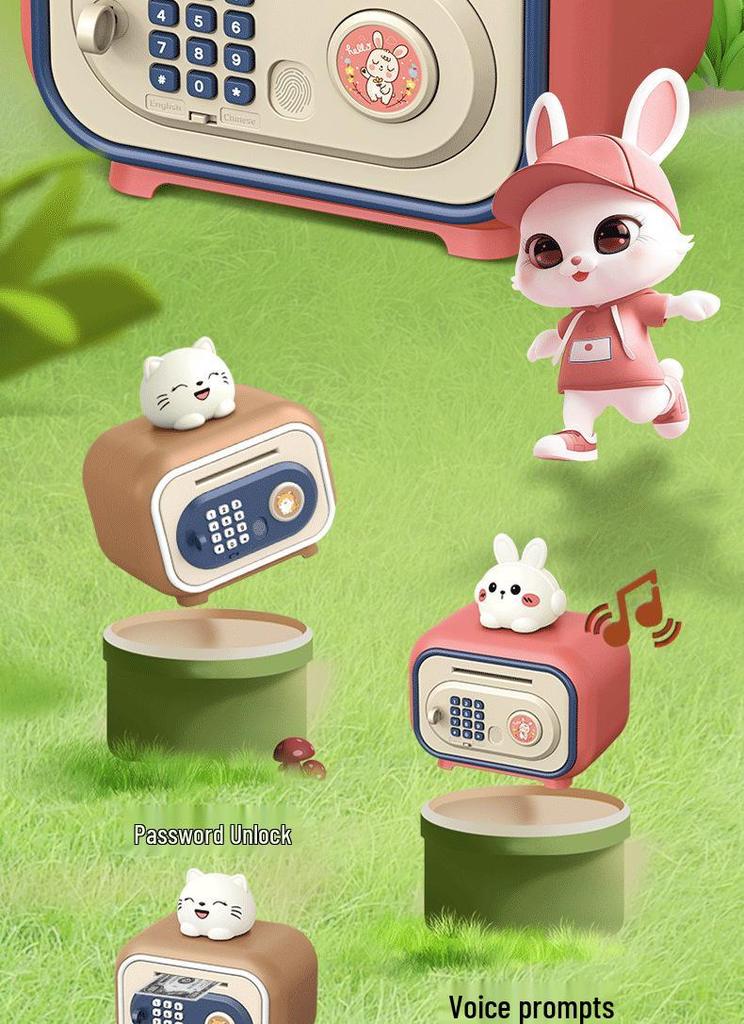 Fingerprint Lock Piggy Bank for Kids - Large Capacity Cat & Rabbit Design, New Year Gift