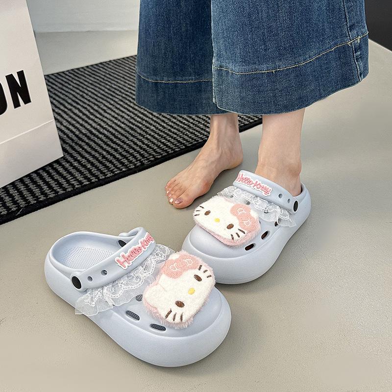 2025 Spring and Summer Bow Kitten Thick-soled Heightening Hole Shoes Women's Wear Non-slip Soft-soled Cool Slippers Tide