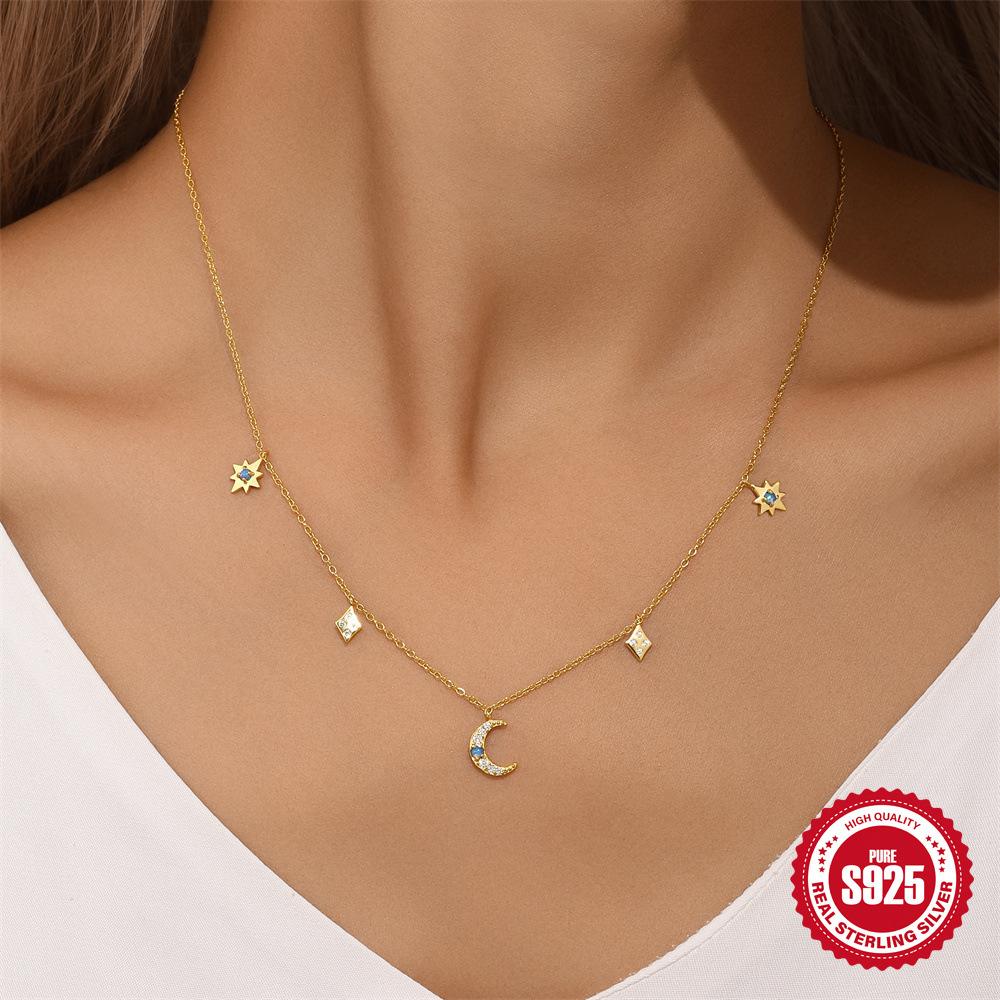 Классический набор из стерлингового серебра S925 «Звезда и луна» с опалом, многослойное женское колье, восьмиконечная звезда, четверная цепочка для ключицы