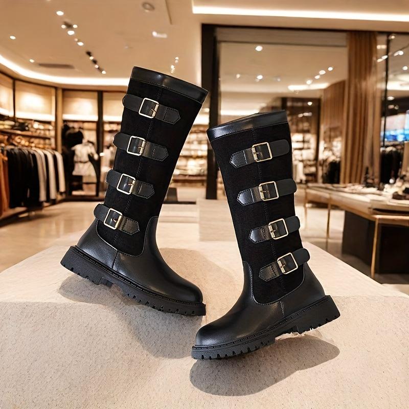 Девочки Высокие Ботинки Боковая Молния Коричневый Белый Контрастный Дизайн Круглый Носок ПВХ Подошва Зимняя Мода Размеры Для Выступлений Повседневная Носка Прочная ПВХ Подошва