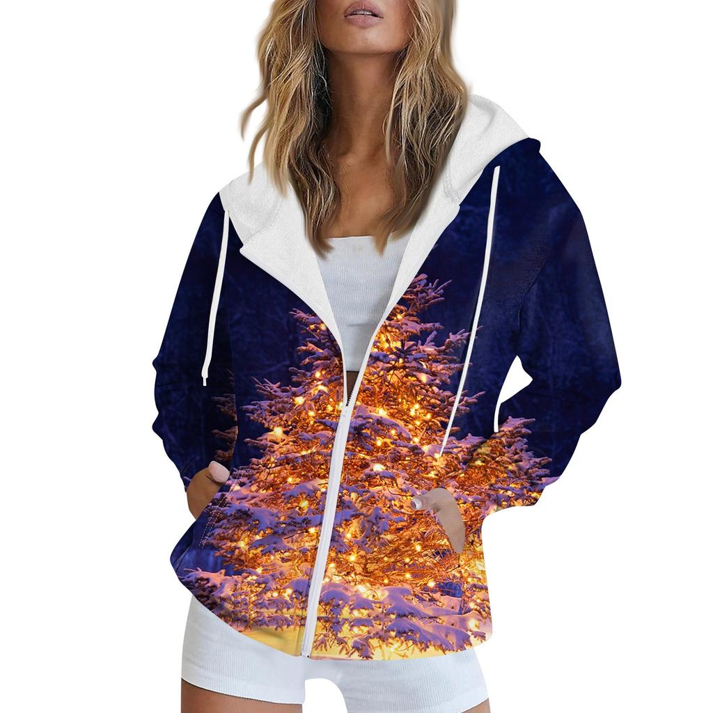 Женская рождественская печатная толстовка осень-зима с длинным рукавом кардиган куртка с карманами на молнии толстовка с капюшоном верхняя одежда
