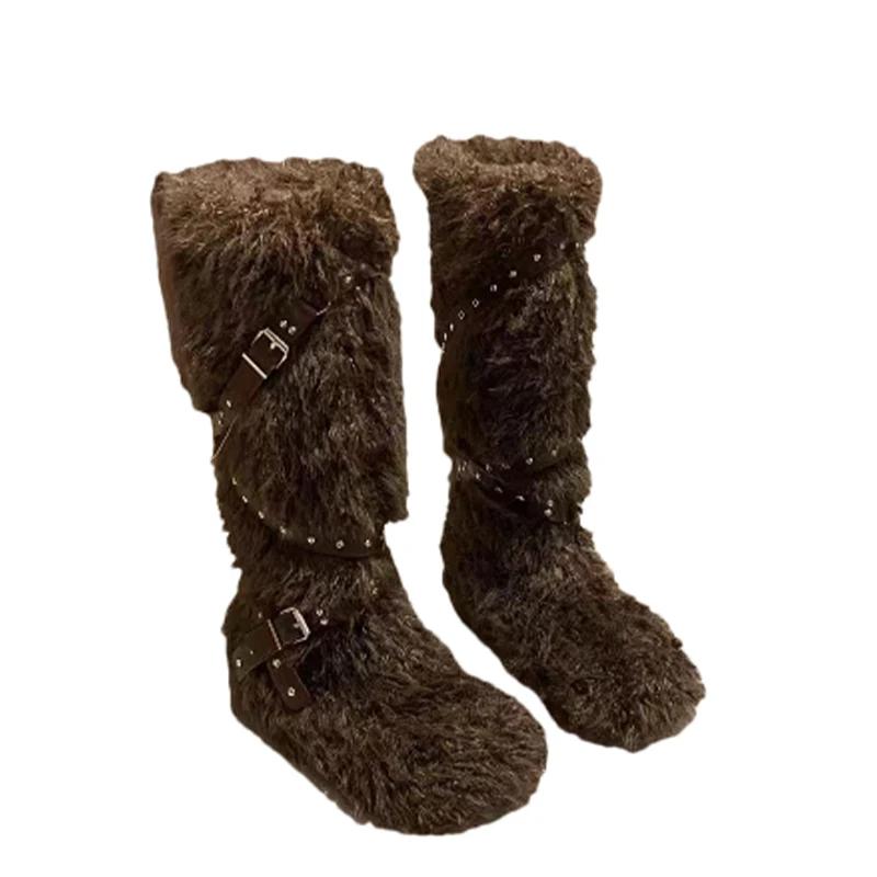Меховые женские сапоги на плоской подошве, высокие зимние дизайнерские сапоги до колена, женские модные теплые зимние короткие плюшевые мотоциклетные сапоги Mujer