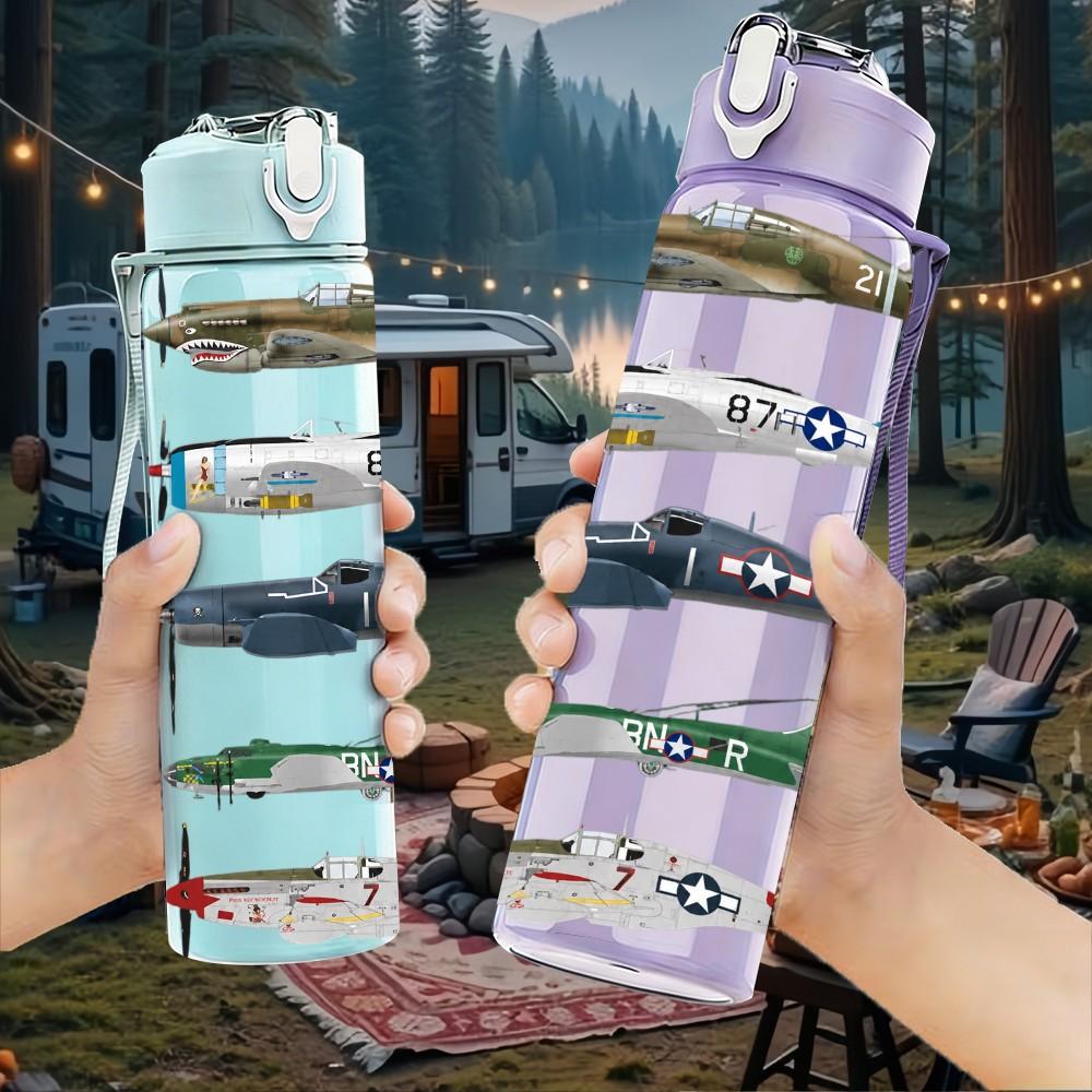 1PC Airplane Jet Graphic 750ml sports water bottle leakproof straw lid outdoor office home