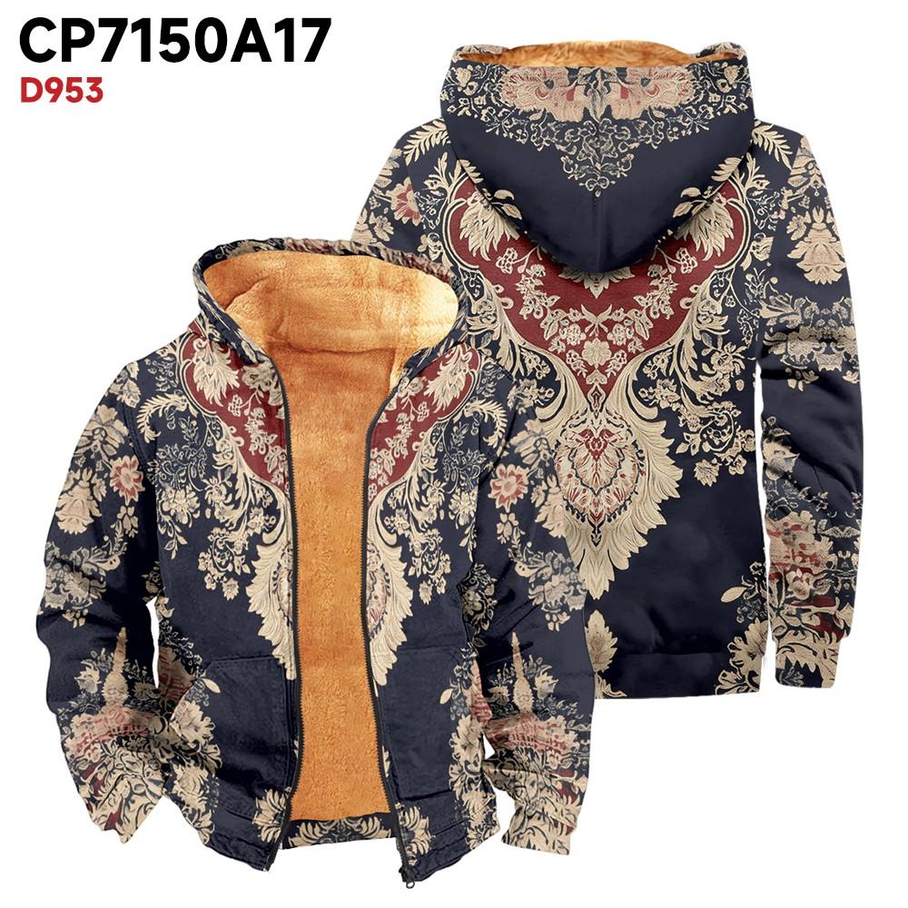 Men's Print Long Sleeve Pocket Coat Fashion Plus Velvet Overcoat