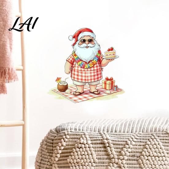 Festive Home Decor Christmas Picnic Santa Claus Wall Sticker Waterproof PVC Plaid Decal Mural Decals with Cake Design Removable Art for Holiday