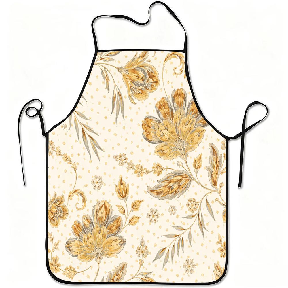 1pc Vintage Yellow Floral Print Apron, Durable And Easy to Clean, Adjustable Waistband, Polyester Material, for Kitchen Cooking, Gardening, Orchard Pi