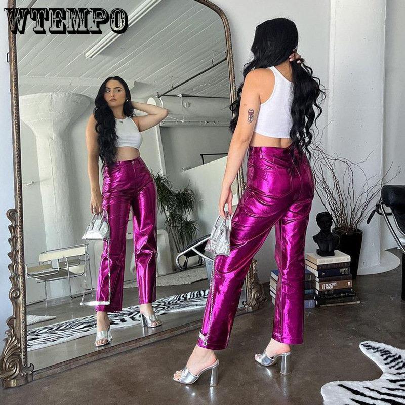 WTEMPO Женские прямые брюки металлик, блестящие брюки с эластичной резинкой на талии, весенне-осенняя уличная одежда, клубная одежда, костюмы
