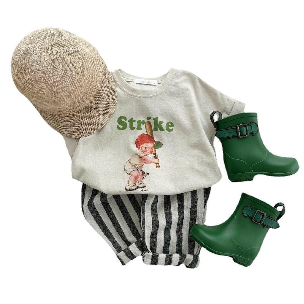 Детские летние хлопковые полосатые брюки на кулиске в корейском стиле