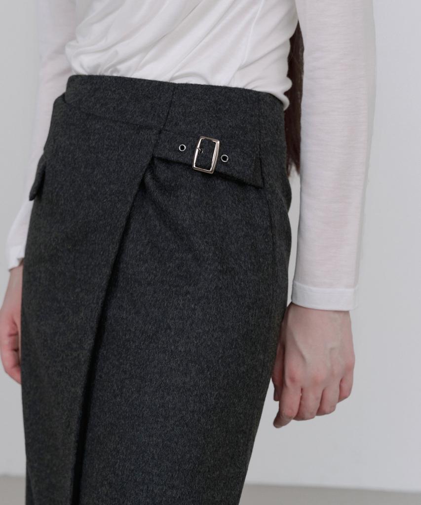 Illoje Asymmetrical Belt Wool Skirt (Charcoal)