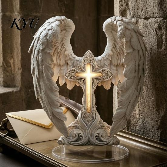 Decorative Cross for Desk Angel Wings Table Sign, Acrylic Religious Wing Statue, Large Elegant Desktop Ornament Tabletop Ornaments Home Living