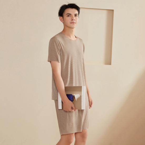 Комплект из 2 предметов: мужская пижама, футболка с коротким рукавом и круглым вырезом, эластичный пояс, шорты, комплект, однотонная домашняя одежда, костюм