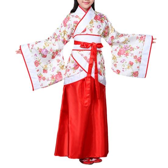 Костюм для девочек в стиле хань, топ с широкими рукавами и цветочным принтом, однотонная длинная юбка, широкий пояс, детский комплект ханьфу, танцевальный костюм для выступления на сцене