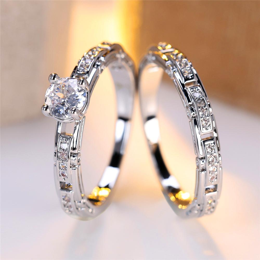 Crystal Female White Zircon Stone Ring Set Fashion Vintage Silver Color Bridal Wedding Engagement Jewelry For Women