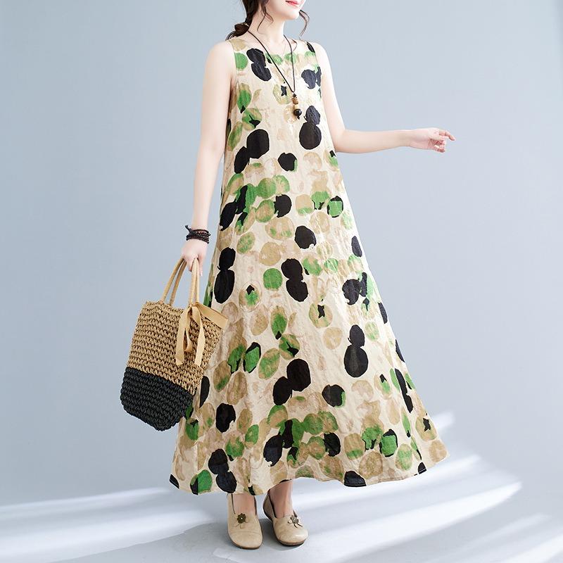 Real Shot Summer New Literary Loose Printing Round Neck Sleeveless Dress Women's Medium and Long
