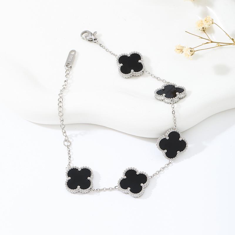 18K Gold Plated Mother-of-Pearl Four-Leaf Clover Jewelry Set: Bracelet, Necklace, Ring, Stud Earrings