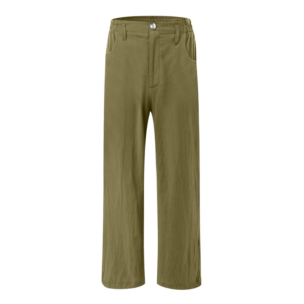 Summer Cotton Linen Wide Leg Pants Women Loose Palazzo Pant Pocket Elastic Waist Button Casual Pants
