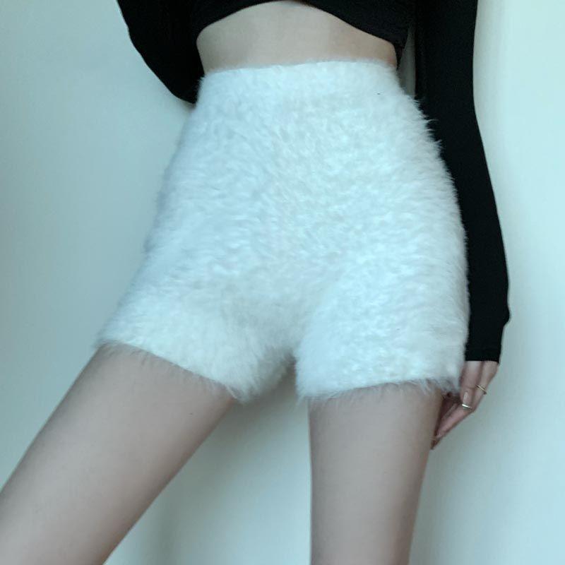 Женские сексуальные шорты, пушистые повседневные тонкие шорты, женские осенне-зимние эластичные вязаные шорты с высокой талией