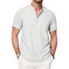 Men's Henley Neck T-shirt Cotton Linen Button Pocket Tees Casual Short Sleeve Vacation Beach Style Solid Color Lightweight Tops