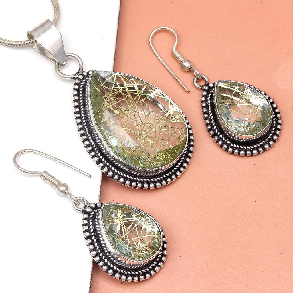 Rutile Golden Set Earring Jewelry 18-20'' Pendant Quartz Sterling