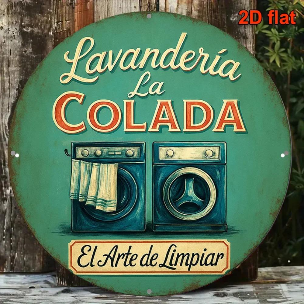Vintage Spanish Laundry Sign Round Retro Laundromat Metal Wall Art Home Decor
