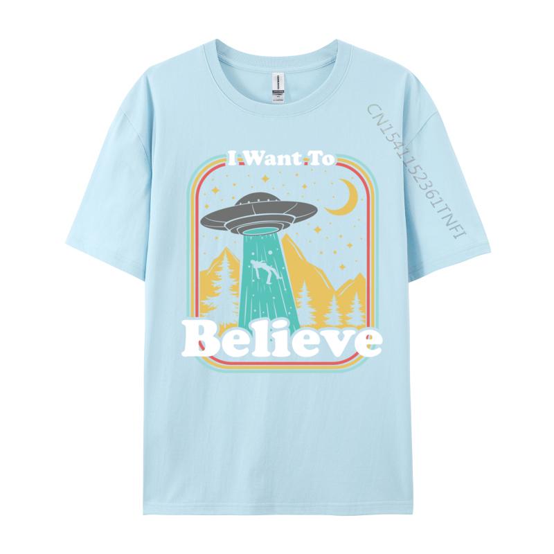 Funny Ufo Abduction 70s 80s Retro Alien I Want To Believe Printed Luxury Designer TShirts Pure Cotton Unisex Top TShirt