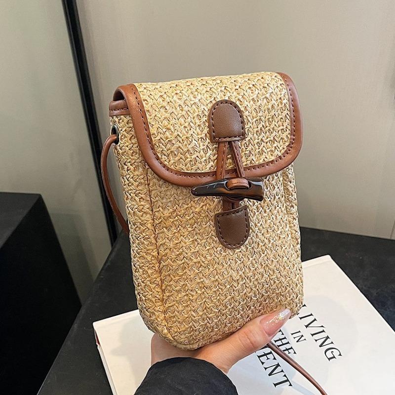 Seaside Holiday Woven Mobile Phone Bag Horn Button Crossbody Shoulder Bag Western Style Mobile Phone Bag