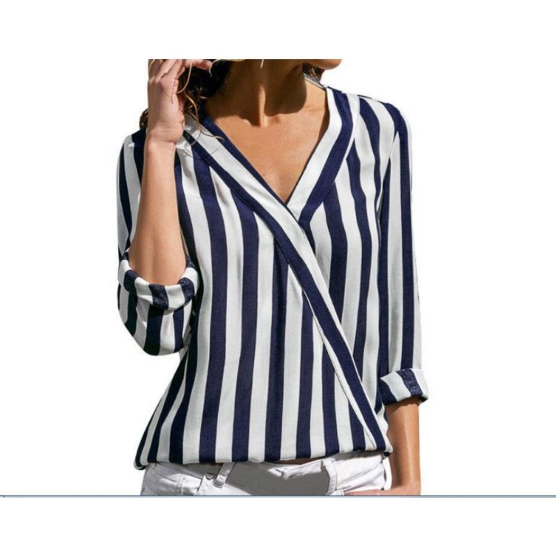 Женская полосатая женская рубашка с длинным рукавом и v-образным вырезом