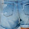 Summer Women Shorts Ripped High Waisy Zipper Button Closure Multi Pockets Folded Hem Streetwear Solid Color Slim Fit Denim Shorts