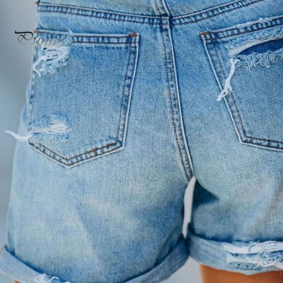 Summer Women Shorts Ripped High Waisy Zipper Button Closure Multi Pockets Folded Hem Streetwear Solid Color Slim Fit Denim Shorts