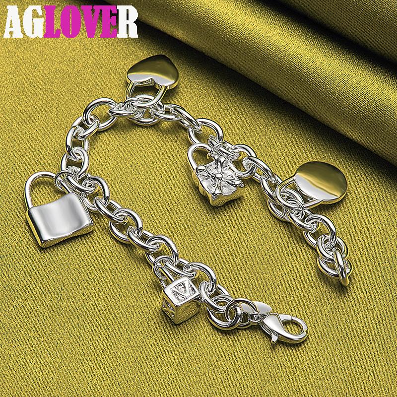 925 Sterling Silver Bracelet Heart / Circle / Square Lock Bracelets Jewelry