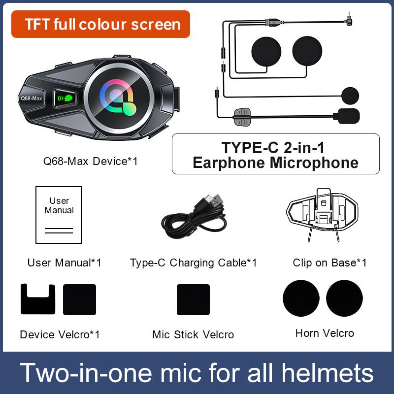 Motorgo Q68-MAX Long Range 500m Motorcycle Intercom with Music Sharing, Dual Bluetooth, TFT Screen, FM Radio, IP56 Waterproof