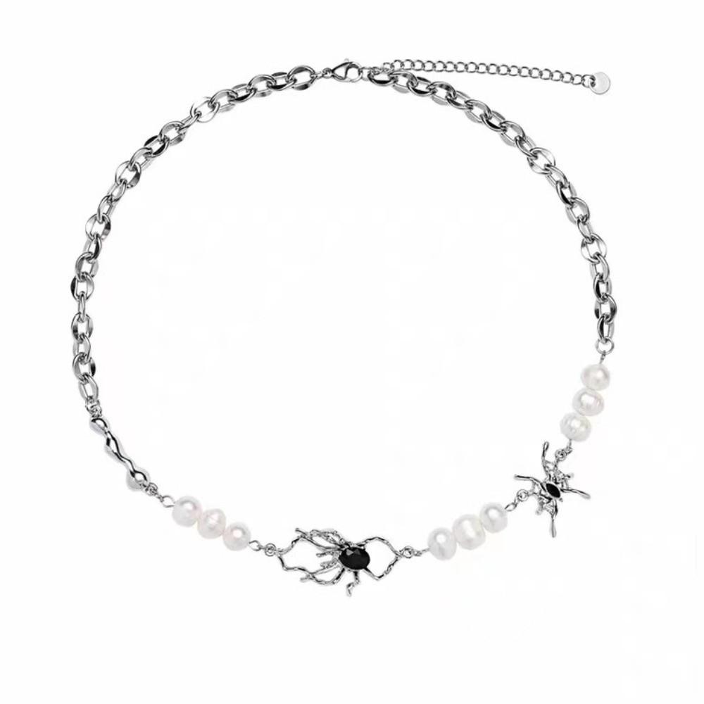 Antique Silver Color Clavicle Chain Stainless Steel Beads Chain Spider Necklace Men Women Jewelry