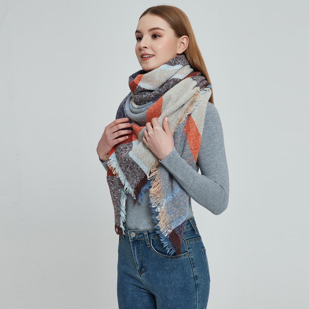 Осенне-зимняя шаль, женский толстый большой квадратный шарф в клетку