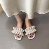Sandals Summer New Square Head Wear One Word Beach Shoes Pearl Lotus Leaf Edge Low Heel Slippers Women