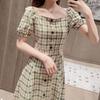New Summer Square Collar Plaid Puff Sleeves Stylish Waist-hugging French Retro Over-knee Dress