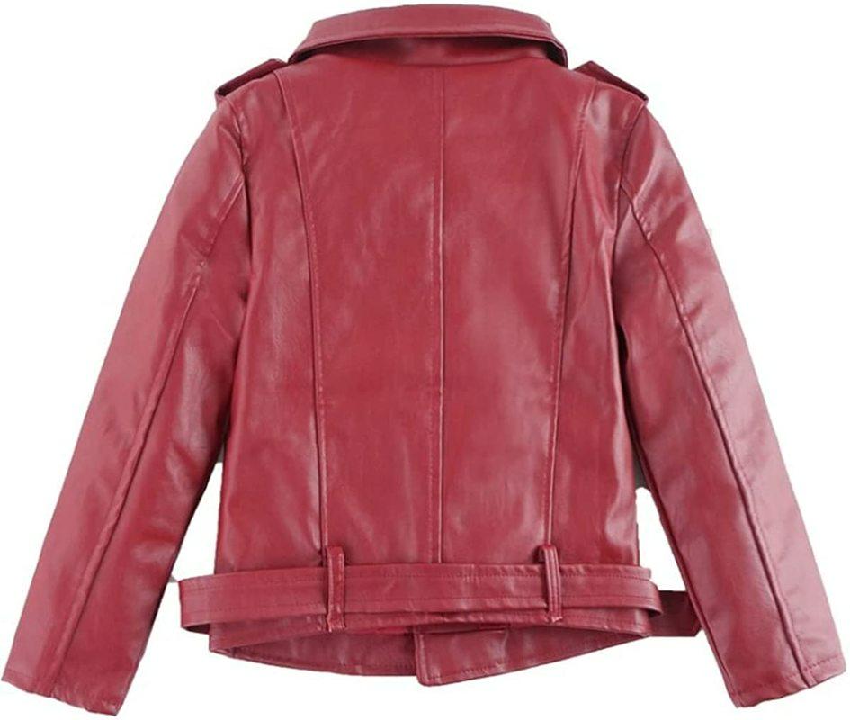 Motorcycle Jacket Girls Pu Childrens Jacket Kid Outwear Solid Color Zipper Belt Long Sleeve Casual